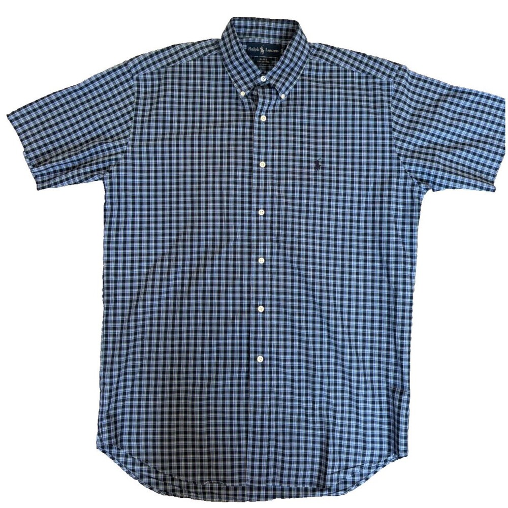 Ralph Lauren Blake Mens Medium Plaid Short Sleeve Button Down Shirt Blue Pony